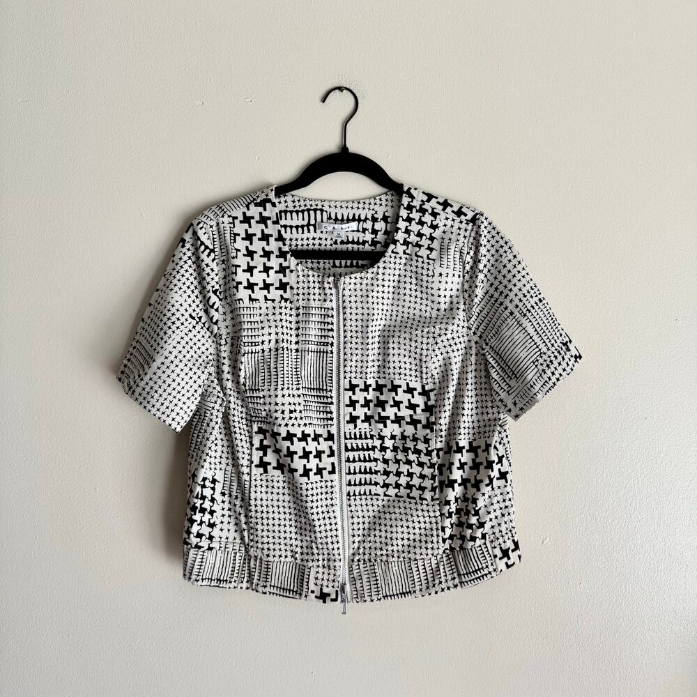 Cabi Black + White Coupe Bomber Houndtooth Short Sleeve Jacket Medium